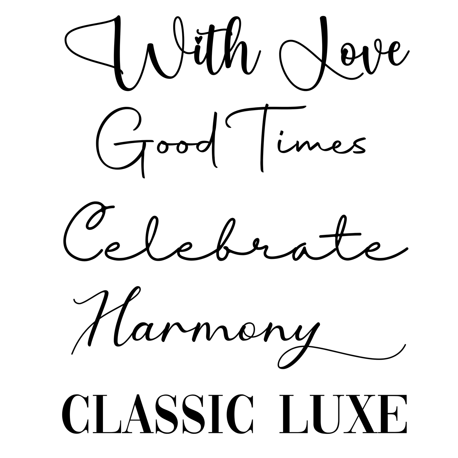 Embroidery font guide displaying five styles: With Love, Good Times, Celebrate, Harmony, and Classic Luxe by Threaded Together