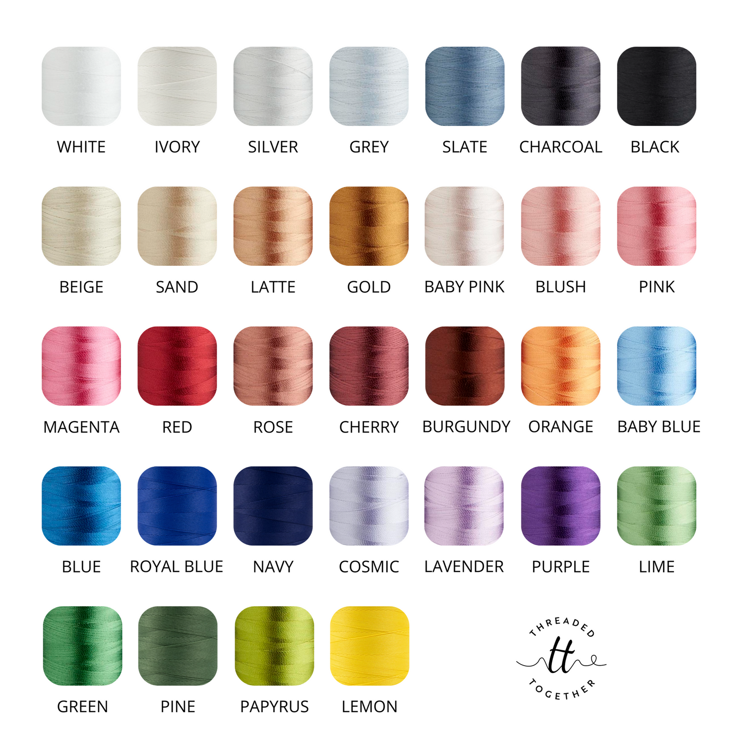 Embroidery thread colour guide with 36 shades including neutrals, pastels, brights, and bold tones by Threaded Together