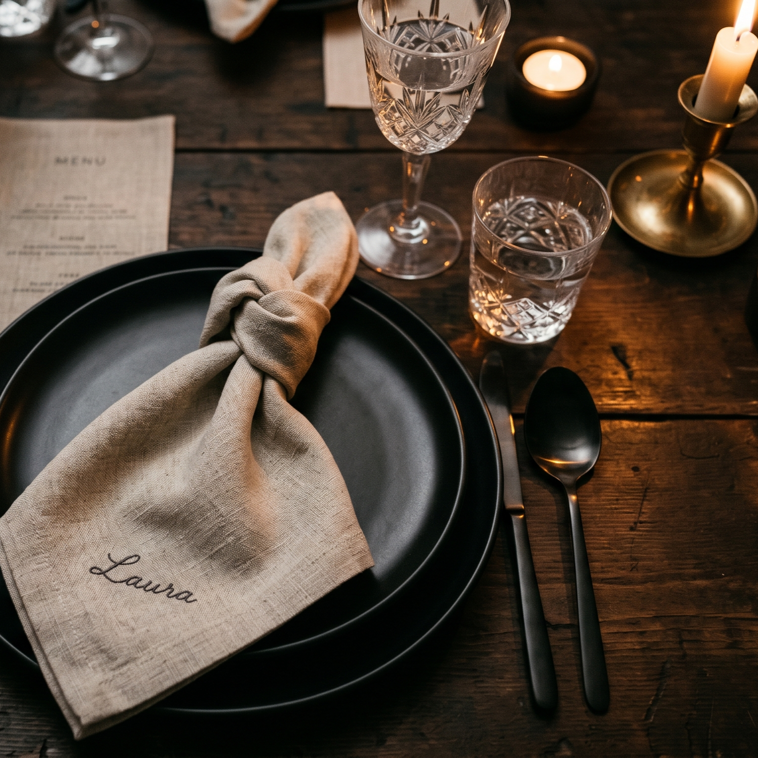 Natural beige embroidered linen napkin with "Laura" in dark script, knotted on matte black plates beside crystal glasses and warm candlelight